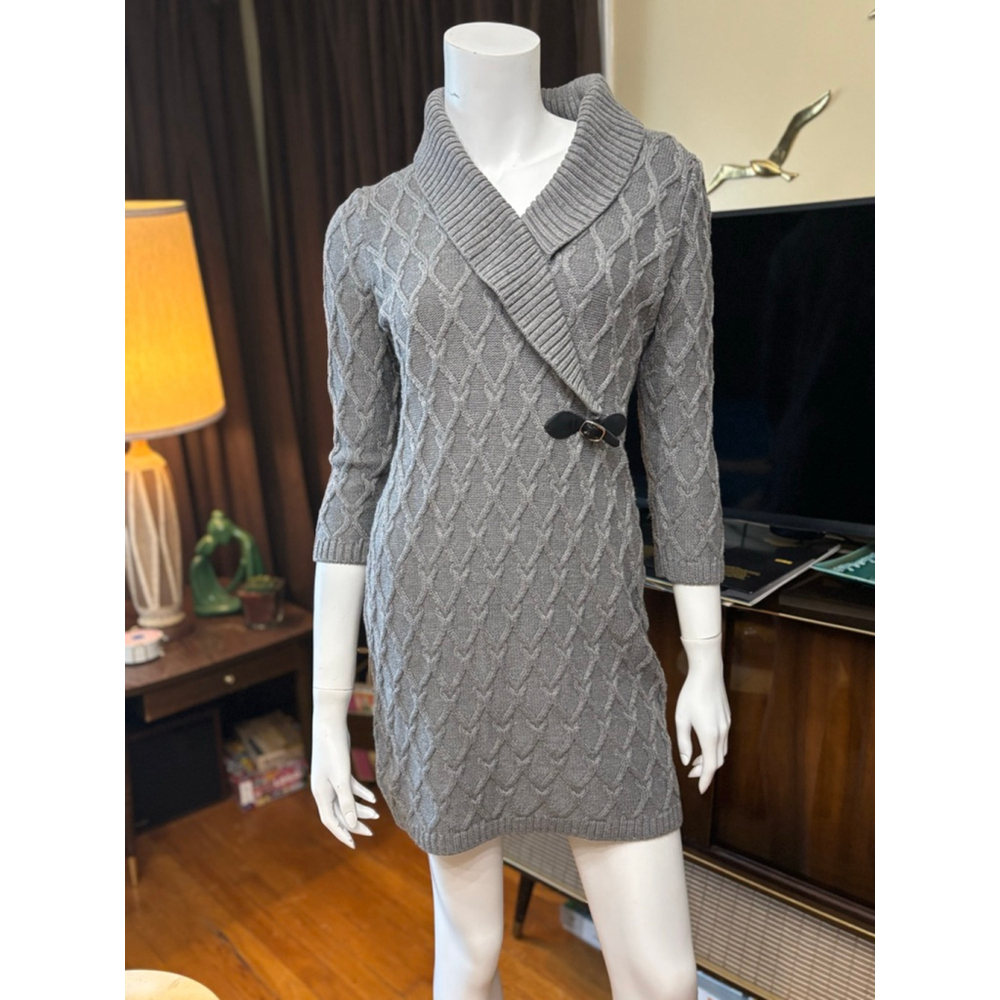 Calvin Klein Grey Cable Knit Mini Sweater Dress Petite LP